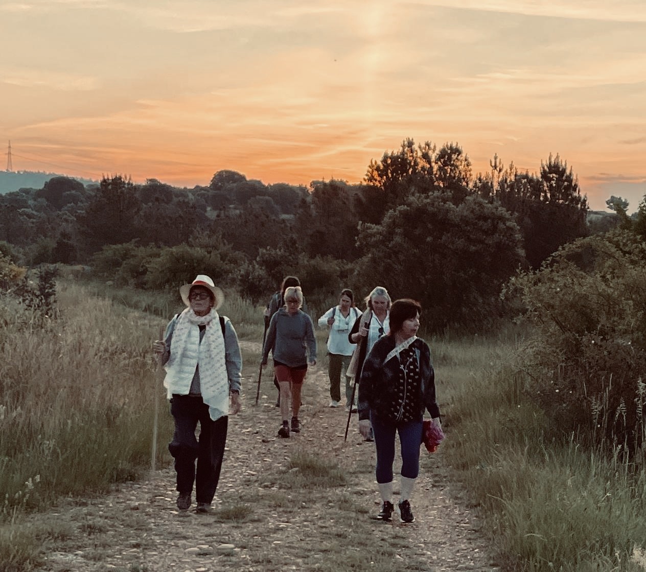 Rosalind Brackenbury in a sun hat leading a company of women with walking sticks along a stony track in the early dawn light