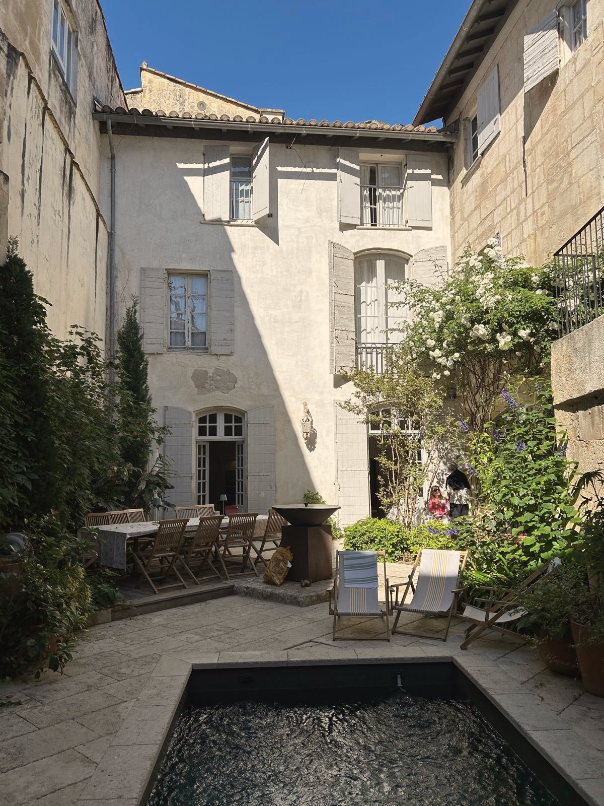 The inner courtyard of the house, with its dark plunge pool, climbing roses and pale shuttered walls