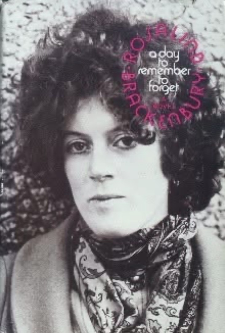 Black-and-white portrait of the young Rosalind Brackenbury, her name and the title A Day to Remember to Forget set in a pink spiral through her curls