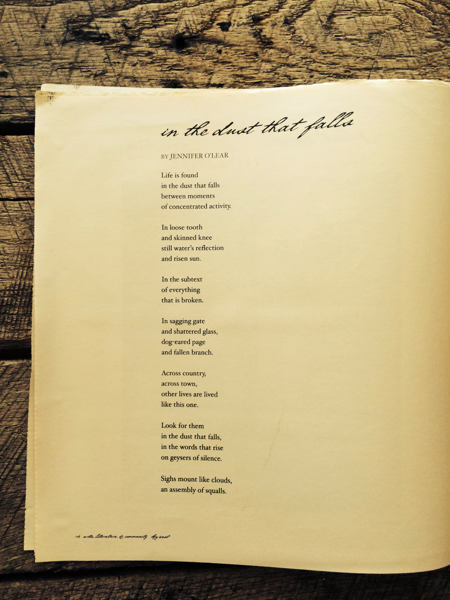 The printed page of in the dust that falls by Jennifer O’Lear